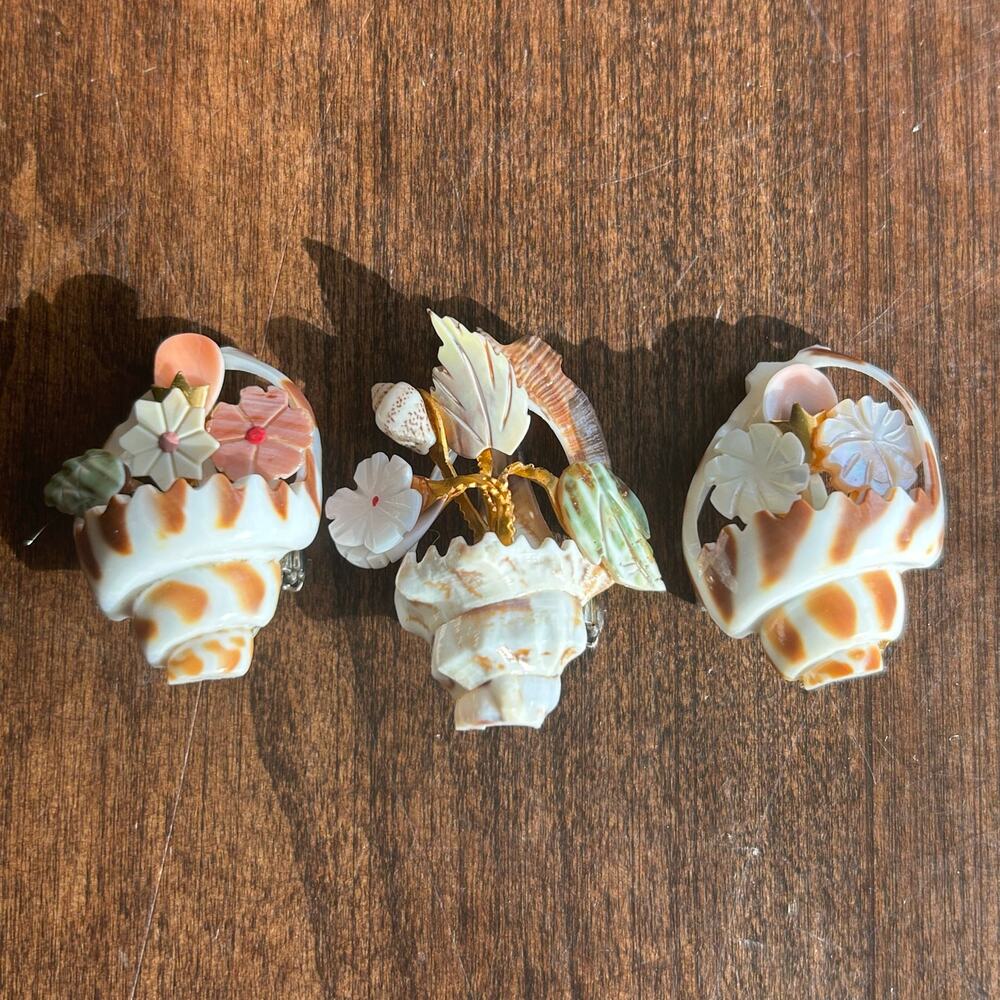 3 Vintage Unique Cut Out Cone Sea Shell Carved Flowers Gold-Tone Brooch / Pin
